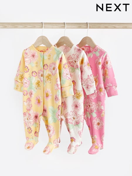 Yellow/Pink Floral 100% Cotton Popper Baby Sleepsuits 3 Pack (0-2yrs) (104207) | € 18 - € 19