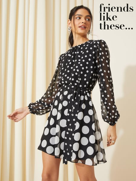 Friends Like These Black Spot Chiffon Tiered Belted Mini Dress (117973) | € 35