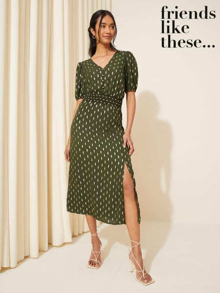 Friends Like These Khaki Green Puff Sleeve Ruched Waist V Neck Midi Dress (118028) | € 31