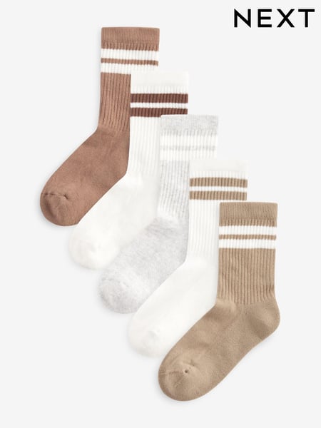 Neutral/Brown/White/Grey Cushioned Footbed Cotton Rich Ribbed Tipped Socks 5 Pack (119592) | € 10 - € 14