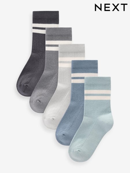 Mineral Blue/Grey Cushioned Footbed Cotton Rich Ribbed Tipped Socks 5 Pack (119643) | € 10 - € 14
