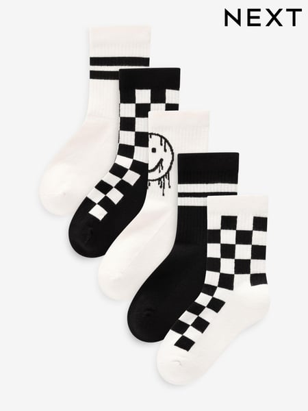 White/Black Checkerboard Cushioned Footbed Cotton Rich Ribbed Tipped Socks 5 Pack (119734) | € 10 - € 14
