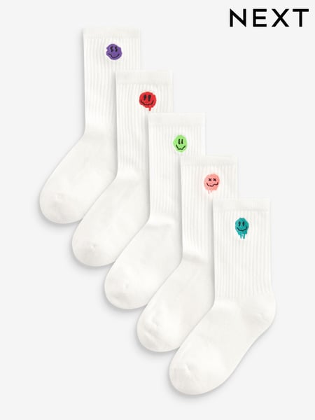 Smile Face Embroderies Cushioned Footbed Cotton Rich Ribbed Socks 5 Pack (119779) | € 12 - € 13