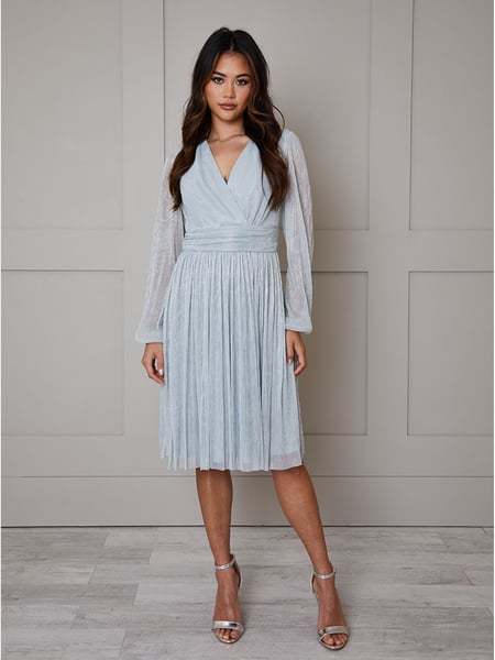 Chi Chi London Blue Long Sleeve Glitter Plisse Wrap Midi Dress (121048) | € 63