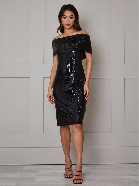 Chi Chi London Black Bardot Sequin Bodycon Midi Dress (121063) | € 76