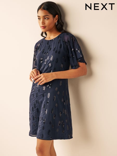 Navy Blue Sequin Embellished Short Sleeve Shift Dress (126821) | € 16