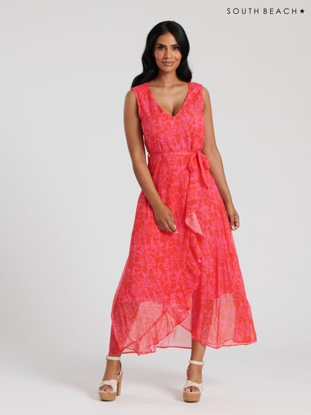 South Beach Red Chiffon V-Neck Frill Wrap Midi Dress (127718) | € 29