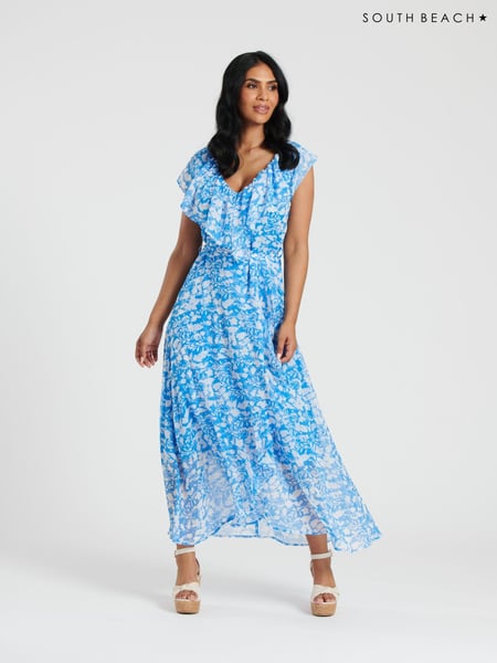 South Beach Blue Chiffon Print Frill Neck Wrap Midi Dress (127881) | € 32