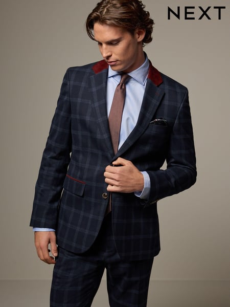 Navy Blue Tailored Fit Check Flannel Suit Jacket (133436) | € 29