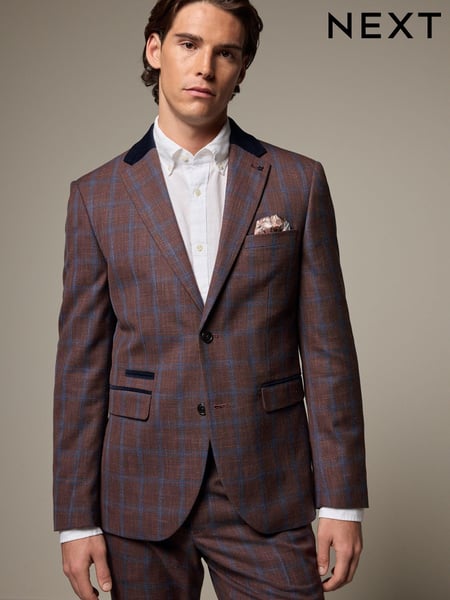 Rust Brown Tailored Fit Trimmed Check Suit Jacket (133555) | € 29