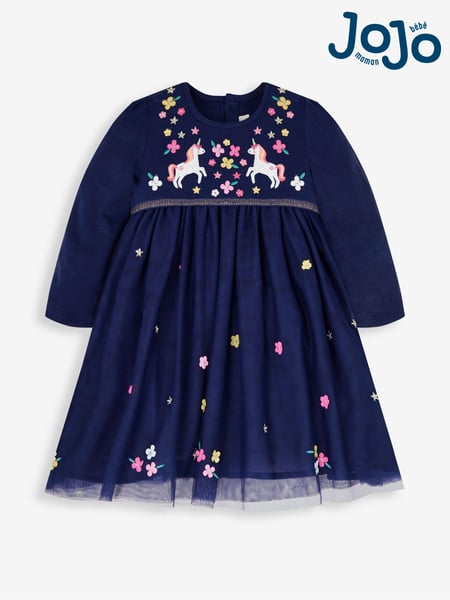 JoJo Maman Bébé Navy Unicorn Embroidered Party Dress (139626) | € 57