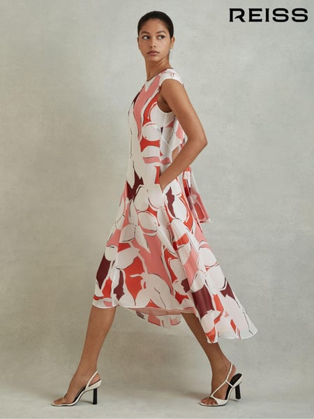 Reiss Red Becci Printed Open Back Midi Dress (140570) | € 246
