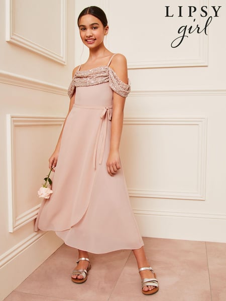 Lipsy Light Pink Cold Shoulder Maxi Occasion Dress (10-16yrs) (142932) | € 40 - € 46