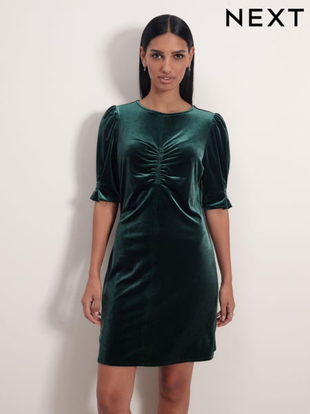 Emerald Green Velvet Puff Sleeve Ruched Detail Mini Dress (143108) | € 9