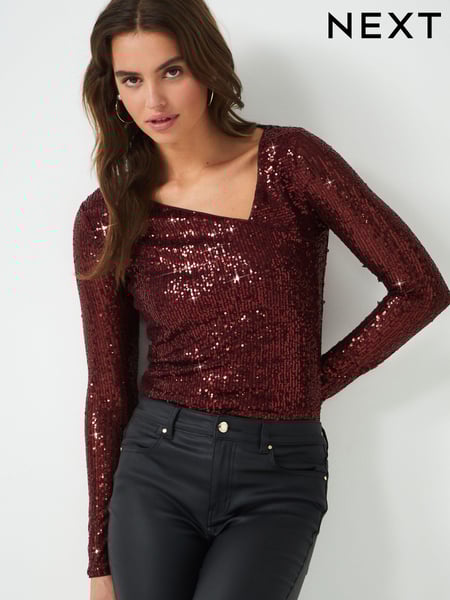 Berry Red Sequin Long Sleeve Asymmetric Party Top (167202) | € 8