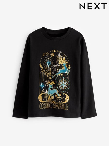 Black/Gold Cosmic Reindeer Sequin Christmas Long Sleeve T-Shirt (3-16yrs) (181866) | € 2 - € 4