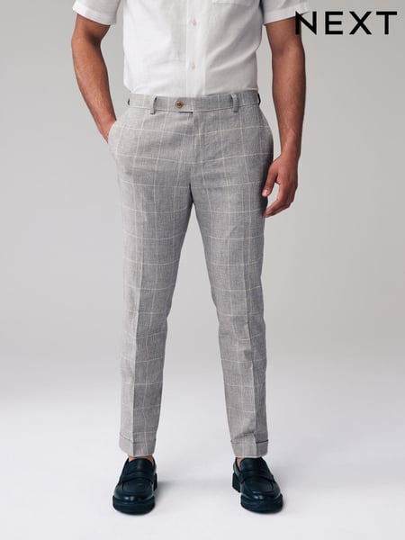 Grey Slim Fit Check Linen Suit: Trousers (182035) | € 15