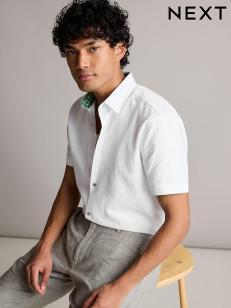 White Regular Fit Trimmed Linen Blend Short Sleeve Shirt (183913) | € 10