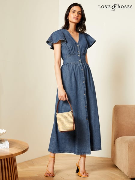 Love & Roses Blue Denim Flutter Sleeve Button Through Dress (184208) | € 38