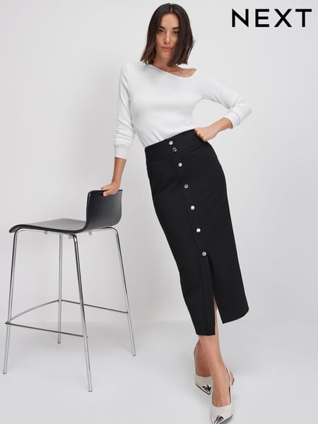 Black Tailored Gold Button Detail Midi Skirt (186502) | € 12