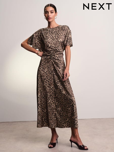 Brown Leopard Animal Print Ruched Satin Crinkle Midi Dress (188819) | € 29