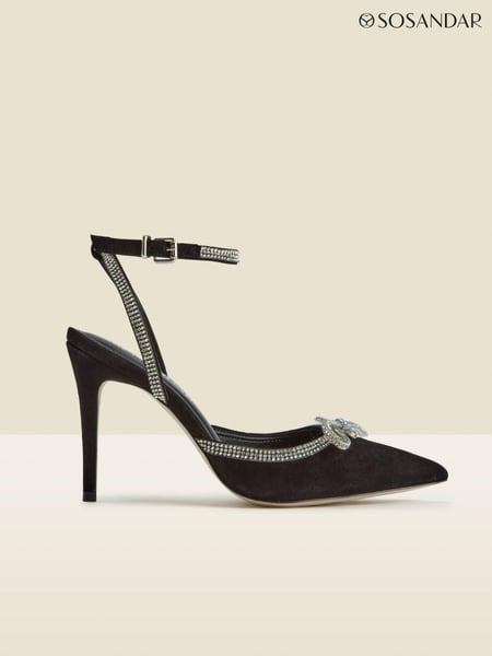 Sosandar Black Suede Diamante Bow Trim Ankle Strap Court Shoes (190711) | € 164