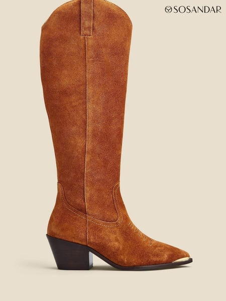 Sosandar Brown Suede Tab Detail Knee High Western Boots With Metal Trim (190860) | € 257
