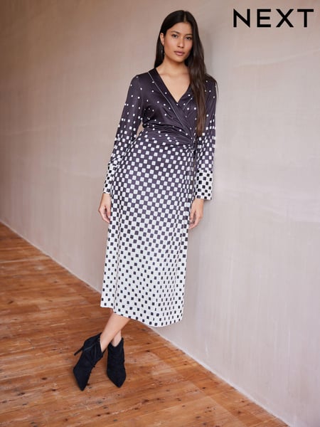 Monochrome Check Print Long Sleeve Wrap Midi Dress (191101) | € 16