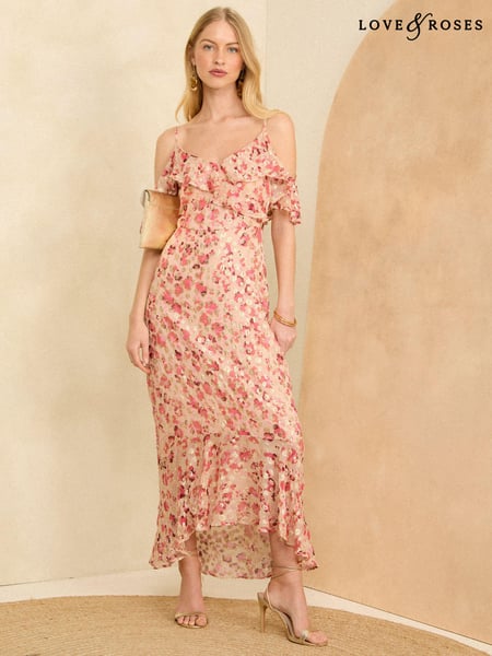 Love & Roses Pink Petite Printed Cold Shoulder Midaxi Dress (198457) | € 54