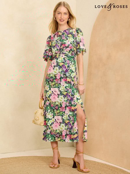 Love & Roses Multi Floral Petite Flutter Sleeve Twist Detail Midi Dress (198469) | € 39