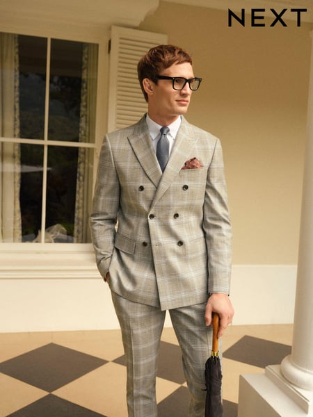 Grey Slim Fit Double Breasted Check Suit Jacket (199710) | € 29