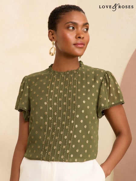 Love & Roses Khaki Green Beaded Metallic Flutter Sleeve Blouse (203967) | € 66