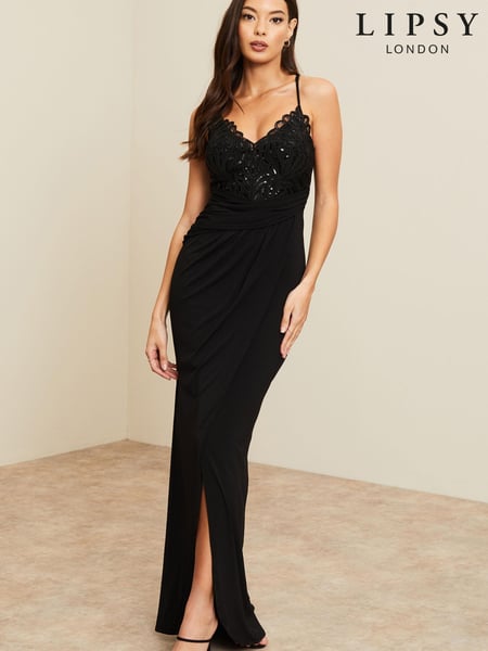 Lipsy Black Petite Applique Lace Cami Maxi Dress (208610) | € 35