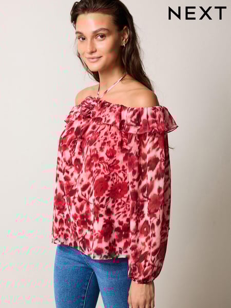 Red/White Floral Corsage Halter Neck Long Sleeve Top (220294) | € 11