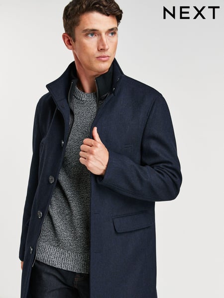 Navy Blue Wool Blend Mock Gilet Herringbone Padded Coat (249158) | € 148