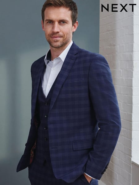 Navy Blue Slim Fit Signature Tollegno Wool Check Suit (254933) | € 58