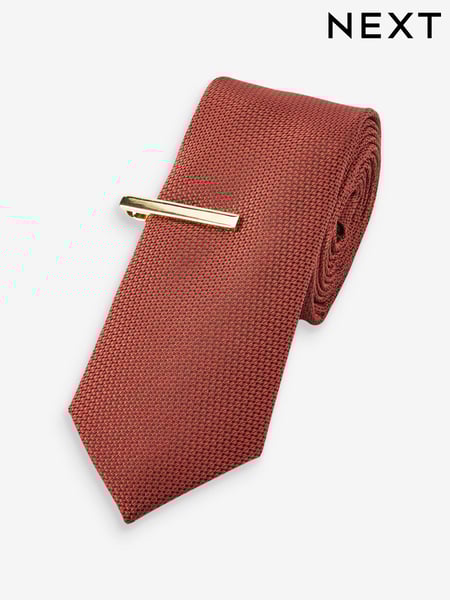 Rust Brown Slim Textured Tie And Clip Set (256871) | € 21