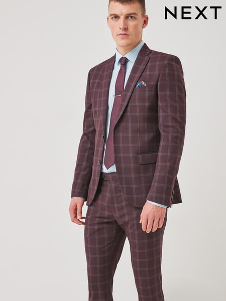 Burgundy Red Skinny Fit Trimmed Check Suit (274076) | € 39