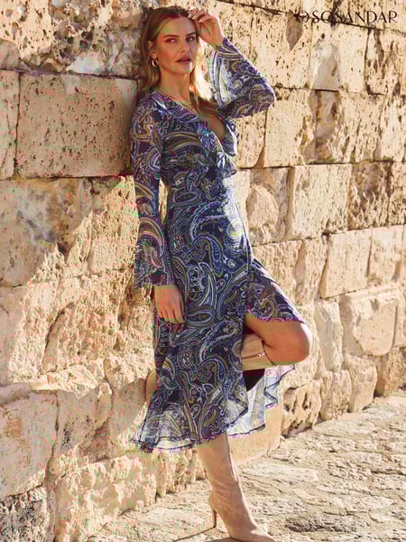 Sosandar Blue Paisley Print Mesh Wrap Front Fit & Flare Dress (276628) | € 61