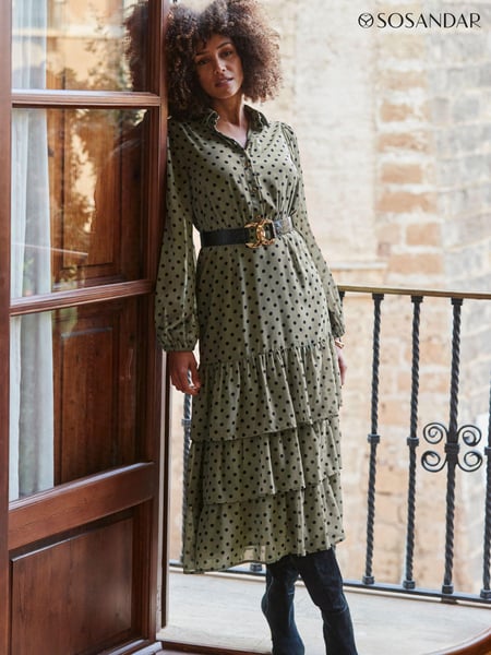 Sosandar Green Khaki Green Spot Print Tiered Hem Midi Shirt Dress (276926) | € 61