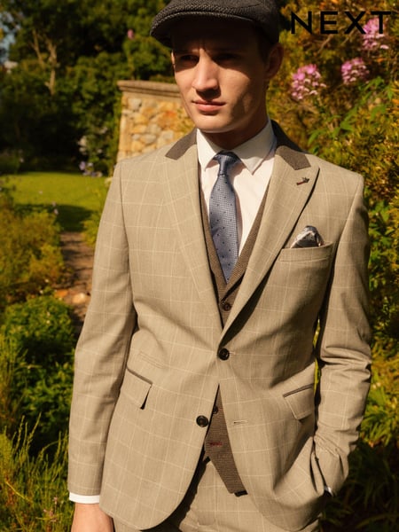 Taupe Brown Slim Fit Trimmed Check Suit Jacket (299235) | € 29