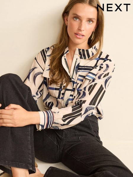 Ecru Cream Geo Check Zip Front Utility Pocket Blouse (311033) | € 11