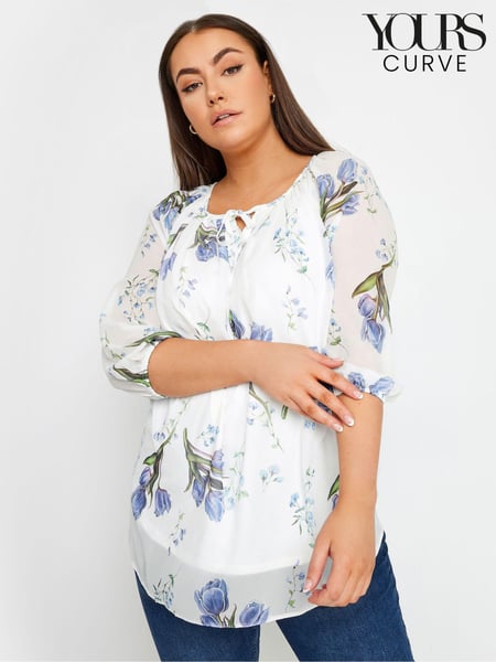 Yours Curve White Floral Print Tie Neck Blouse (323654) | € 42