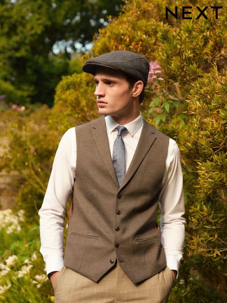 Taupe Brown Regular Fit Trimmed Check Suit Waistcoat (326132) | € 18
