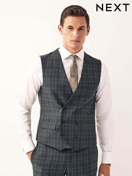Charcoal Grey Regular Fit Trimmed Check Suit Waistcoat (326895) | € 67