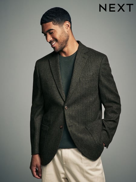 Khaki Green Regular Fit Wool Rich Herringbone Blazer (334713) | € 148