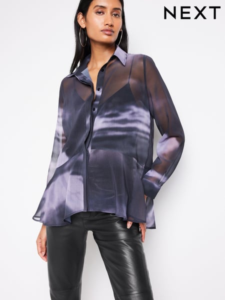 Blue/Black Abstract Printed Flutter Hem Long Sleeve Blouse (341348) | € 11