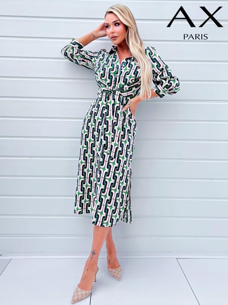 AX Paris Green Geometric Multi Printed 3/4 Cuffed Sleeve Wrap Tie Midi Dress (353299) | € 15