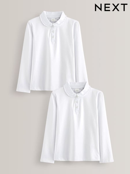 White Cotton stretch Long Sleeve Frill Collar School Polo Tops 2 Pack (3-14yrs) (364877) | € 14 - € 27