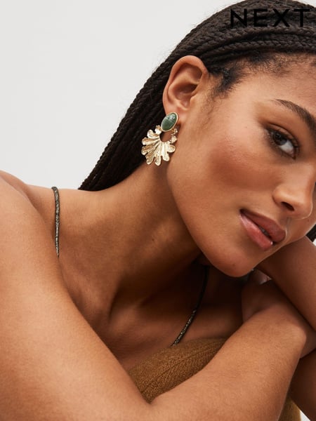 Gold Tone Stone Fan Statement Earrings Made With Recycled Zinc (384814) | € 8